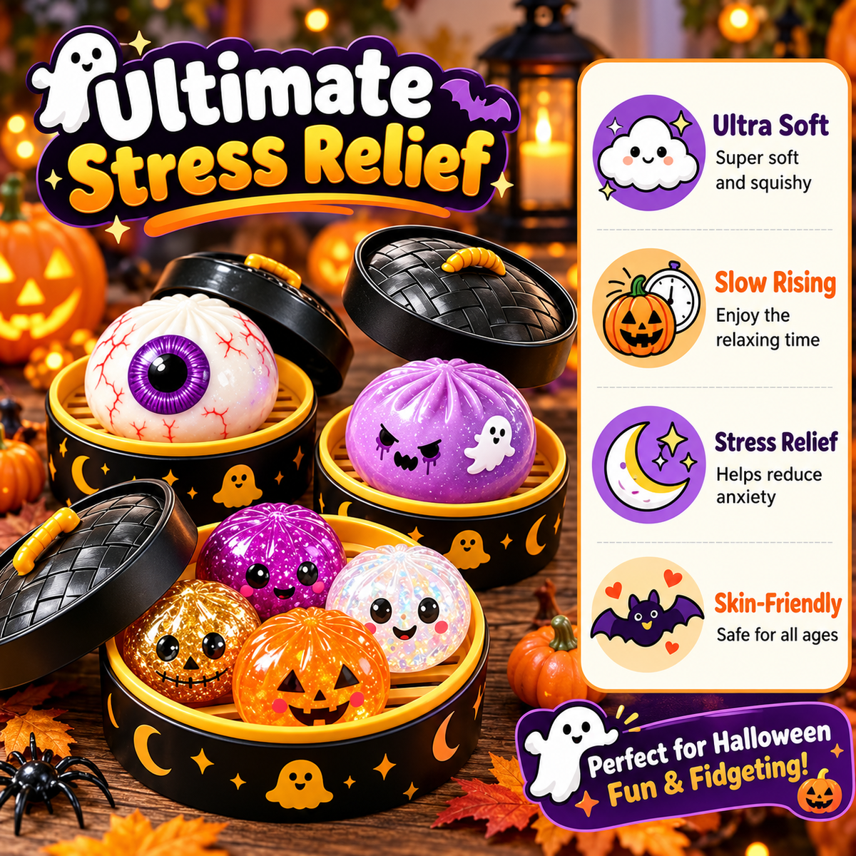 Halloween Ghost Dumpling Glitter Squeeze Toy