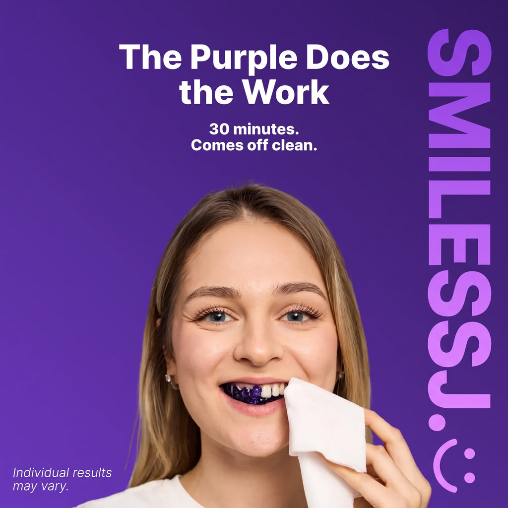 Tiras Blanqueadoras Dentales Moradas SMILESSJ™ - Fórmula PAP+ Segura para el Esmalte para la Eliminación Instantánea de Manchas (14 Tiras / 7 Tratamientos)