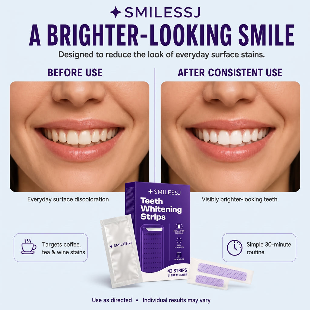 Tiras Blanqueadoras Dentales Moradas SMILESSJ™ - Fórmula PAP+ Segura para el Esmalte para la Eliminación Instantánea de Manchas (14 Tiras / 7 Tratamientos)