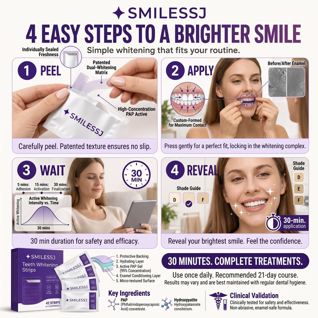 Tiras Blanqueadoras Dentales Moradas SMILESSJ™ - Fórmula PAP+ Segura para el Esmalte para la Eliminación Instantánea de Manchas (14 Tiras / 7 Tratamientos)