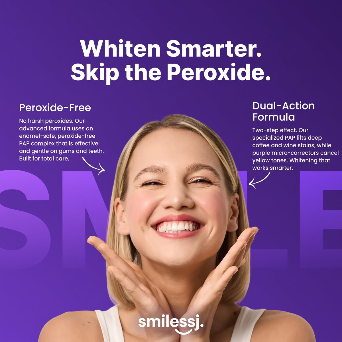 Tiras Blanqueadoras Dentales Moradas SMILESSJ™ - Fórmula PAP+ Segura para el Esmalte para la Eliminación Instantánea de Manchas (14 Tiras / 7 Tratamientos)