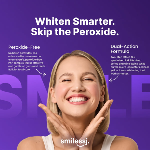 Tiras Blanqueadoras Dentales Moradas SMILESSJ™ - Fórmula PAP+ Segura para el Esmalte para la Eliminación Instantánea de Manchas (14 Tiras / 7 Tratamientos)